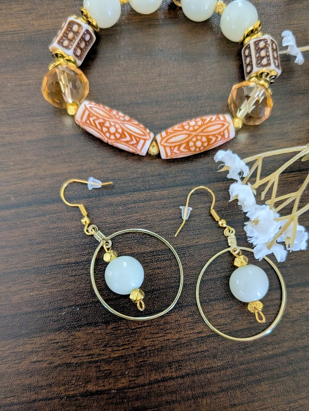 Handcrafted Gold Plated & Neutrals  Stone Beads with Pale Cream White Earrings